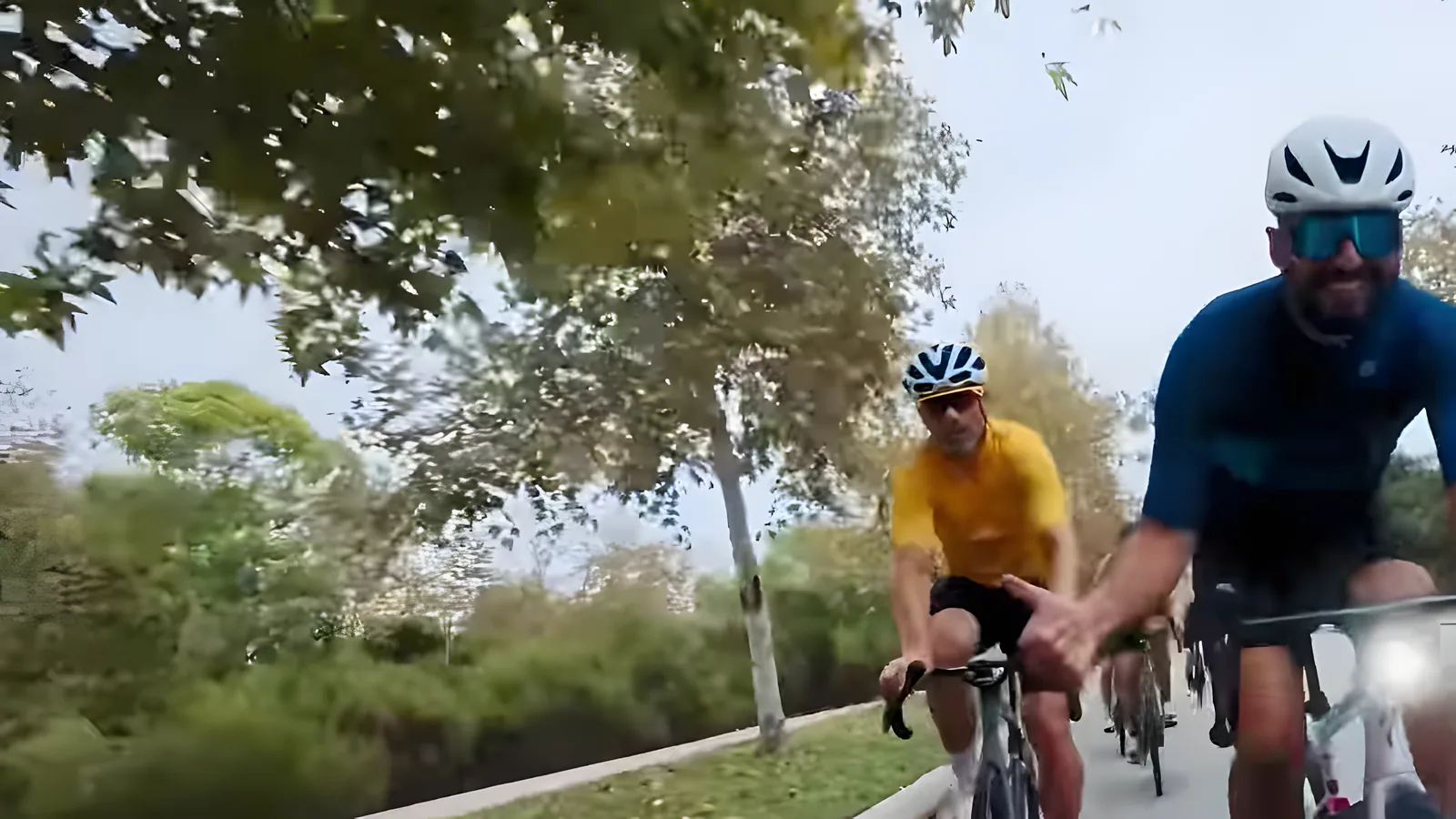 Coffee Crew riders on a leafy road with a rider in yellow behind
